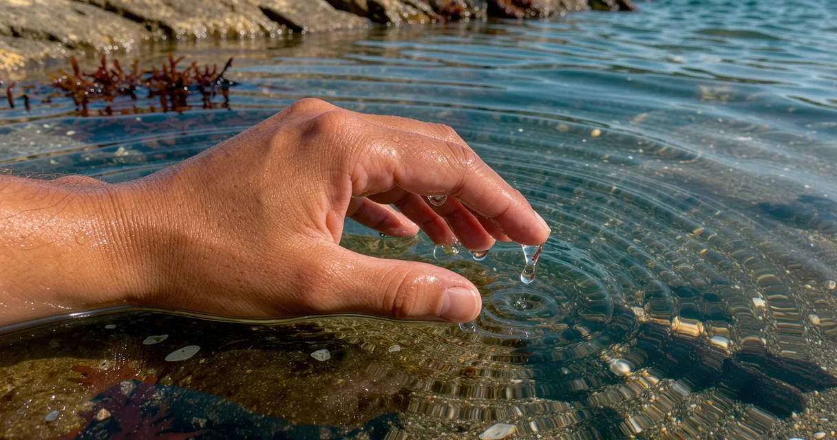 A relaxed hand breaks the surface of a shallow tidal pool